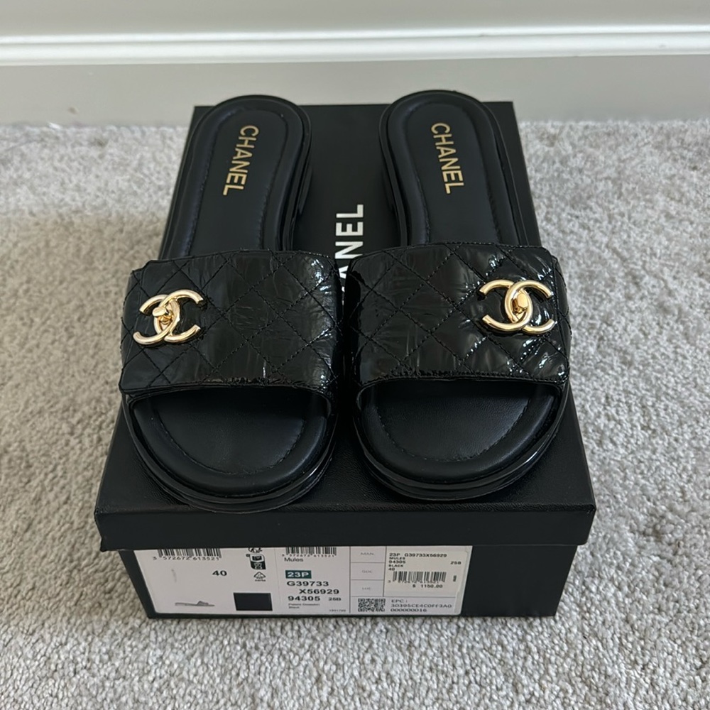 Authentic Chanel black Mules from 23P- gold accent